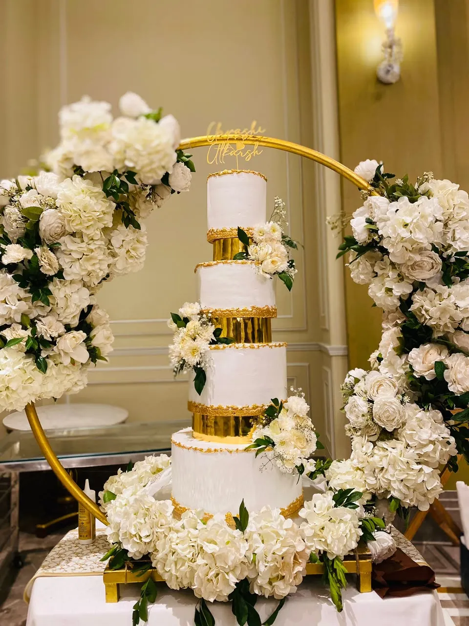 Elegant three-tier white wedding cake by Simply Sweet, priced and designed for an Udaipur reception
